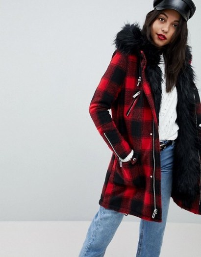 River Island Faux Fur Check Parka Coat / red checked winter coats - flipped