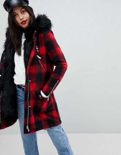 River Island Faux Fur Check Parka Coat / red checked winter coats
