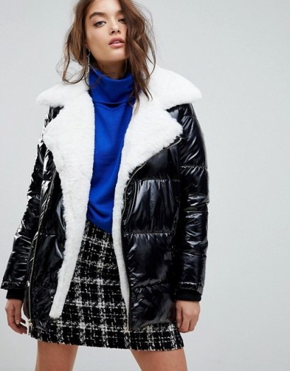 River Island Faux Fur Patent Puffer Jacket – monochrome jackets – winter style - flipped
