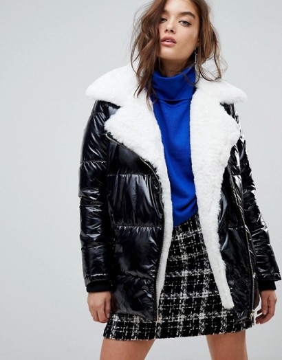 River Island Faux Fur Patent Puffer Jacket – monochrome jackets – winter style