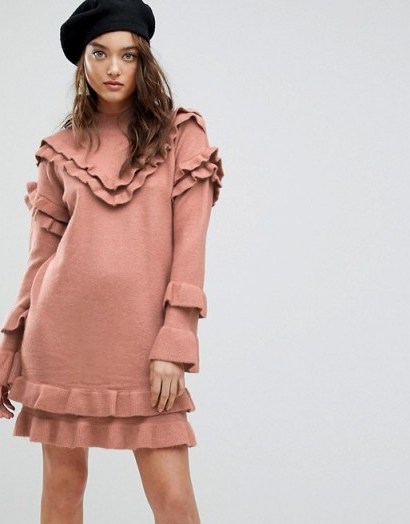 River Island Frill Detail Jumper Dress | pink ruffled sweater dresses | cute winter knitwear - flipped
