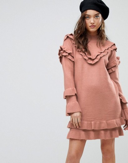 River Island Frill Detail Jumper Dress | pink ruffled sweater dresses | cute winter knitwear
