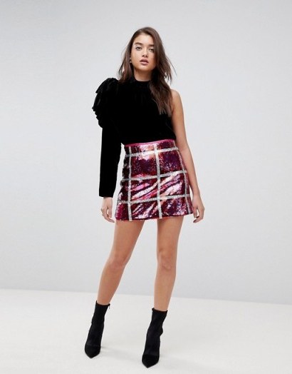 River Island Sequin Check Mini Skirt | pink checked party skirts - flipped