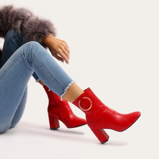 PUBLIC DESIRE ROBBI METAL RING ANKLE BOOTS IN RED - flipped