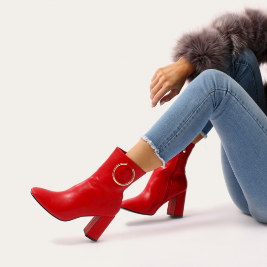 PUBLIC DESIRE ROBBI METAL RING ANKLE BOOTS IN RED