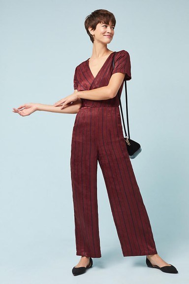 J.O.A Romia Burgundy Striped Jumpsuit | wine-red jumpsuits - flipped