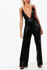boohoo Rosa Sequin Plunge Wide Leg Jumpsuit – black plunging jumpsuits – glamorous party fashion