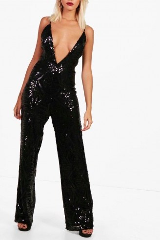 boohoo Rosa Sequin Plunge Wide Leg Jumpsuit – black plunging jumpsuits – glamorous party fashion - flipped