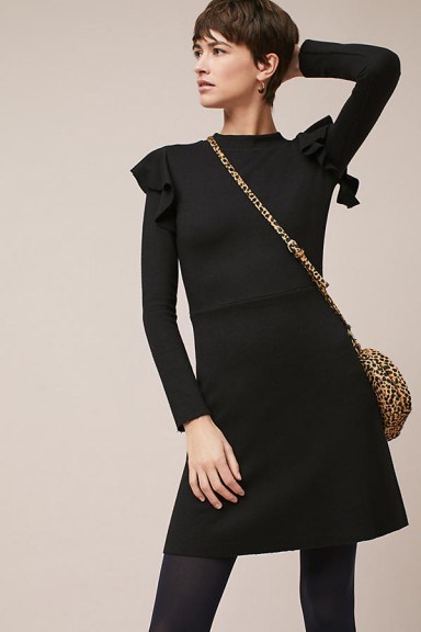 J.O.A. Ruffled Knit Dress / black knitted ruffle trim dresses / chic knitwear - flipped