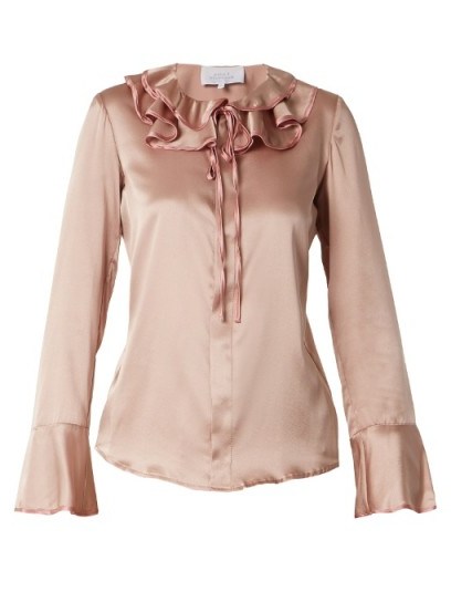 LUISA BECCARIA Ruffled tie-neck silk-blend satin blouse ~ rose-pink ruffle blouses ~ romantic fashion - flipped