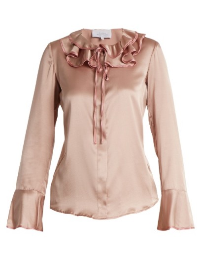 LUISA BECCARIA Ruffled tie-neck silk-blend satin blouse ~ rose-pink ruffle blouses ~ romantic fashion