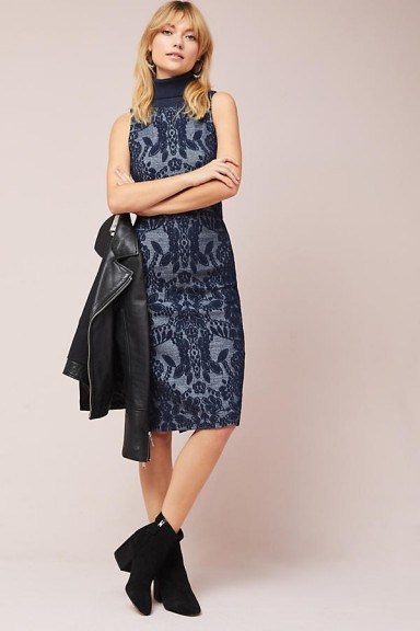 Maeve Ryder Jacquard Turtleneck Dress | blue sleeveless high neck dresses | winter fashion - flipped