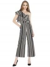 Alice + Olivia SABEEN RUFFLE TOP CROP JUMPSUIT ~ striped one shoulder jumpsuits