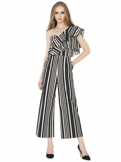 Alice + Olivia SABEEN RUFFLE TOP CROP JUMPSUIT ~ striped one shoulder jumpsuits - flipped