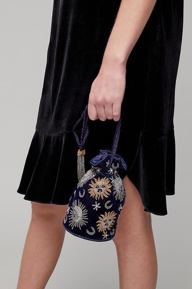 St Xavier Sabine Velvet Sun & Moon Drawstring Bag | small luxe beaded fabric bags - flipped