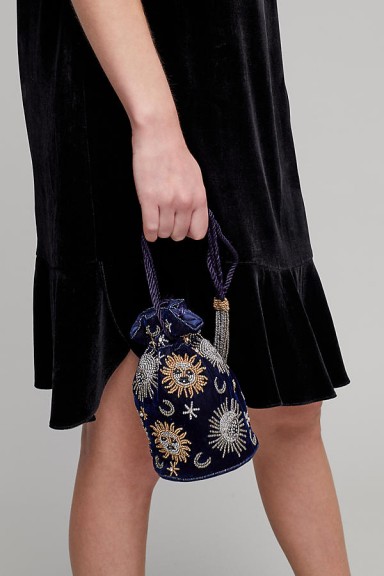 St Xavier Sabine Velvet Sun & Moon Drawstring Bag | small luxe beaded fabric bags