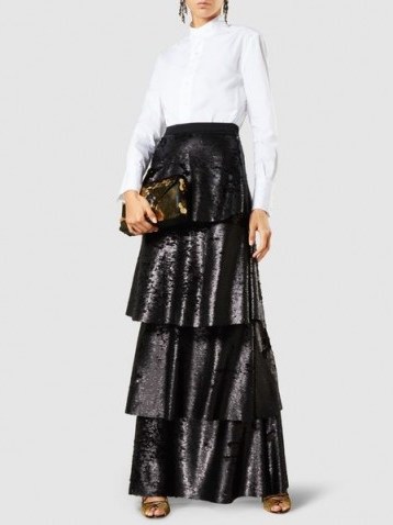 SAFIYAA‎ Payette Tiered Sequinned Maxi Skirt ~ long black sequin skirts - flipped