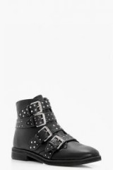 boohoo Sara Studded Strap Ankle Boot – black stud and buckle biker boots