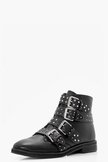boohoo Sara Studded Strap Ankle Boot – black stud and buckle biker boots - flipped