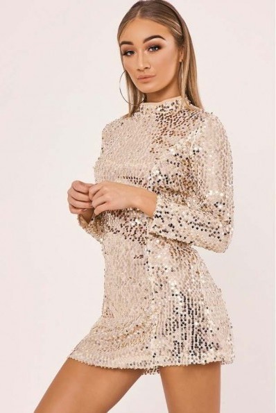 IN THE STYLE SARELLA GOLD LONG SLEEVE SEQUIN MINI DRESS ~ shiny party dresses ~ shimmer ~ sparkle - flipped