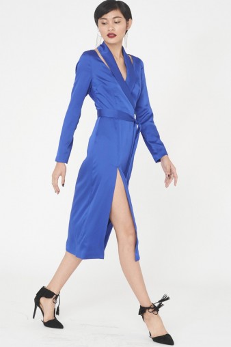 LAVISH ALICE Satin Double Split Midi Dress | blue silky party dresses