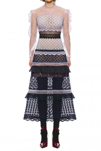 $379.00 Self Portrait Bellis Lace Trim Midi Dress With Frilled Sleeves