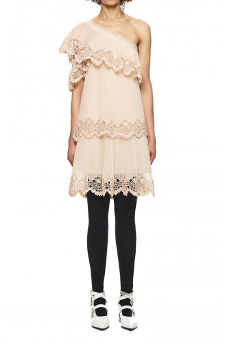 $289.00 Self Portrait Pleated Embroidery Crepe Dress, one-shoulder dress, pink short dress