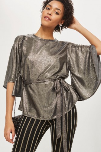Topshop Sequin Angel Sleeve Blouse | silver wide sleeved party tops