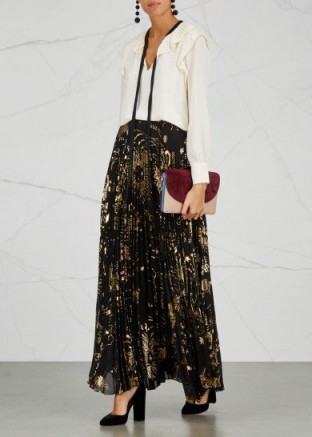 ALICE + OLIVIA Shannon foil-print pleated maxi skirt ~ long metallic print skirts ~ occasion clothing
