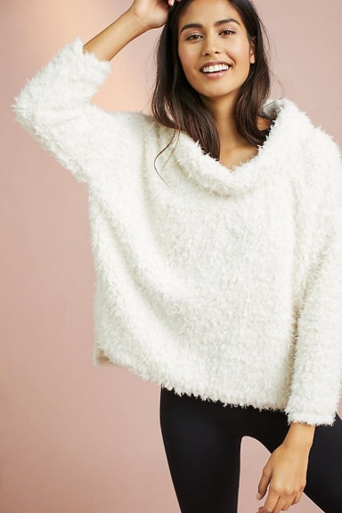 Anthropologie Sherpa Patch Funnel Neck Jumper, Ivory | fluffy jumpers