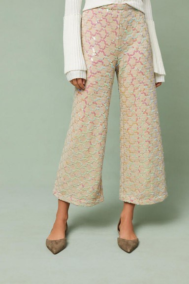 Anthropologie Showstopper Sequined Wide Leg Trousers | shimmering cropped pants - flipped