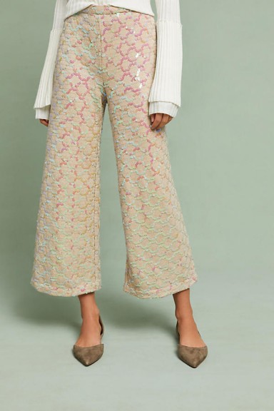 Anthropologie Showstopper Sequined Wide Leg Trousers | shimmering cropped pants