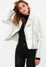 missguided silver cracked metallic biker jacket ~ fur lined jackets