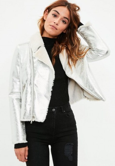 missguided silver cracked metallic biker jacket ~ fur lined jackets - flipped