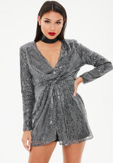 Missguided silver sequin plunge twist shift dress | plunging party dresses - flipped