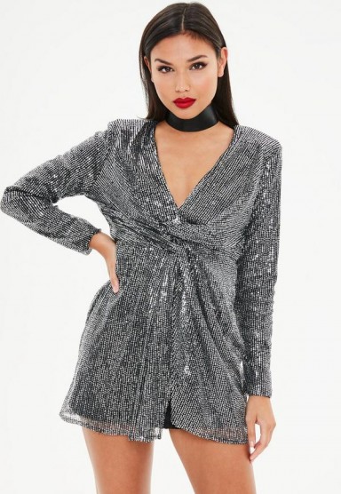 Missguided silver sequin plunge twist shift dress | plunging party dresses