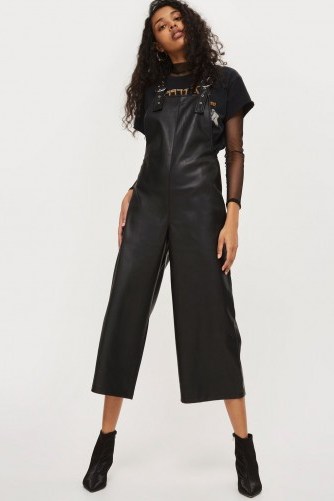 Topshop Soft Faux Leather Dungarees | black cropped overalls - flipped