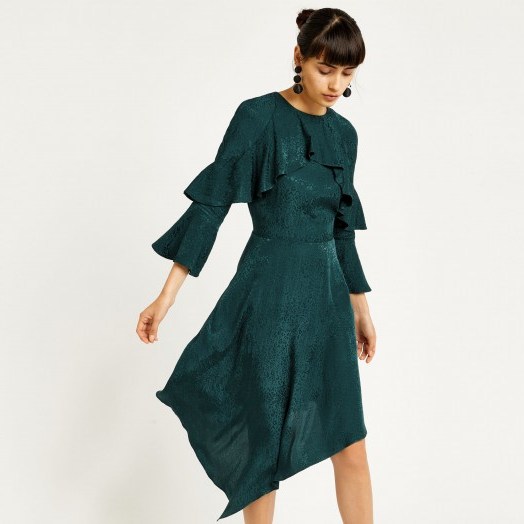 WAREHOUSE SOFT JACQUARD ASYMMETRIC DRESS – green party dresses - flipped