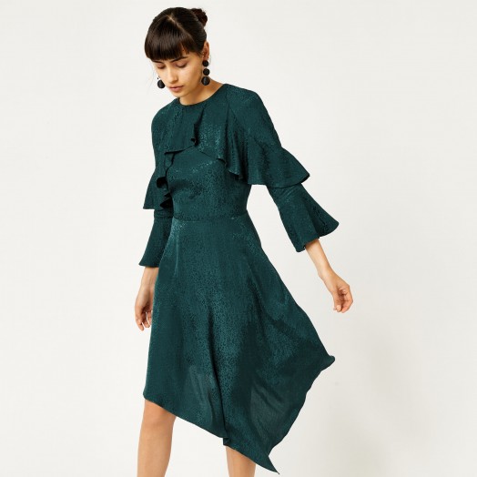 WAREHOUSE SOFT JACQUARD ASYMMETRIC DRESS – green party dresses