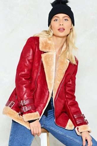 NASTY GAL Sooner or Aviator Moto Jacket / red faux fur lined jackets - flipped