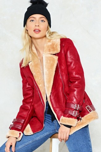 NASTY GAL Sooner or Aviator Moto Jacket / red faux fur lined jackets