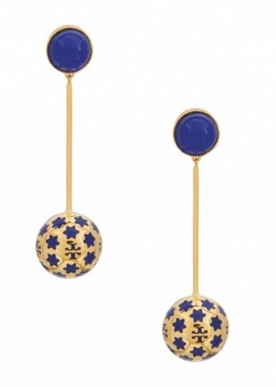 TORY BURCH Star-print drop earrings ~ blue and gold tone statement jewellery - flipped