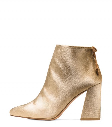 STUART WEITZMAN THE GRANDY BOOTIE | gold velvet booties | flared block heel ankle boots | luxe footwear - flipped