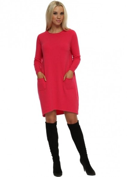 SUGAR BABE Hot Pink Two Pocket Knitted Jumper Dress ~ knitted sweater dresses - flipped