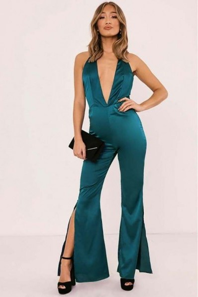IN THE STYLE SUSIE TEAL SATIN PLUNGE SPLIT LEG JUMPSUIT ~ plunging halterneck jumpsuits ~ party ready ~ going out - flipped