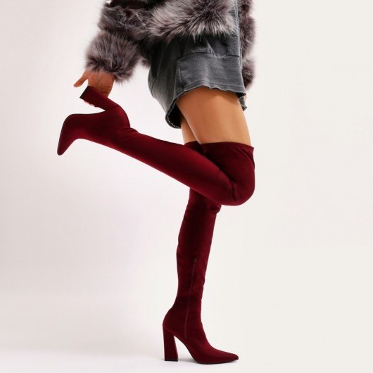 PUBLIC DESIRE SWOON SOCK FIT POINTED TOE OVER THE KNEE BOOTS IN BURGUNDY STRETCH ~ dark red ~ block heel - flipped