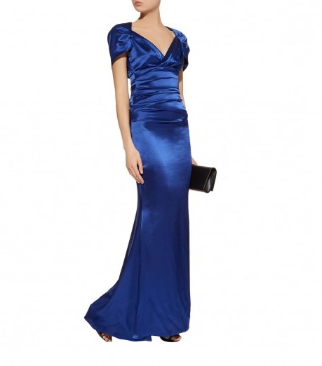 Talbot Runhof Polinesia1 Satin Gown ~ blue ruched gowns ~ vintage style event dresses - flipped