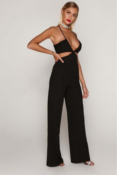 TAMMY HEMBROW BLACK CROSS FRONT CUT OUT JUMPSUIT ~ strappy plunging jumpsuits ~ party fashion - flipped
