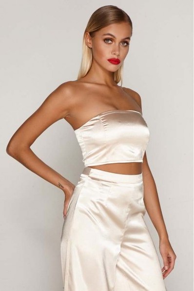 TAMMY HEMBROW GOLD SATIN BANDEAU CROP TOP ~ silky strapless going out tops - flipped