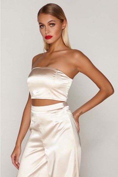 TAMMY HEMBROW GOLD SATIN BANDEAU CROP TOP ~ silky strapless going out tops